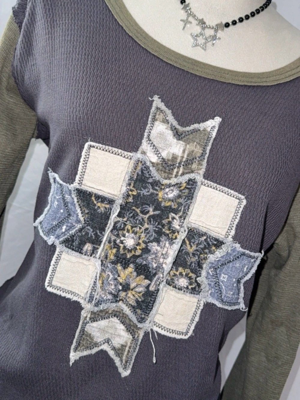 We The Free Olive & Charcoal Patchwork Long Sleeve Tee - Picture 2 of 2